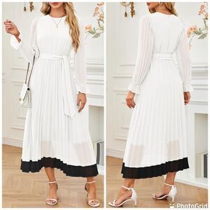 ZESICA Fall Long Sleeve Chiffon Casual Crew Neck Pleated A Line Flowy Midi Dress